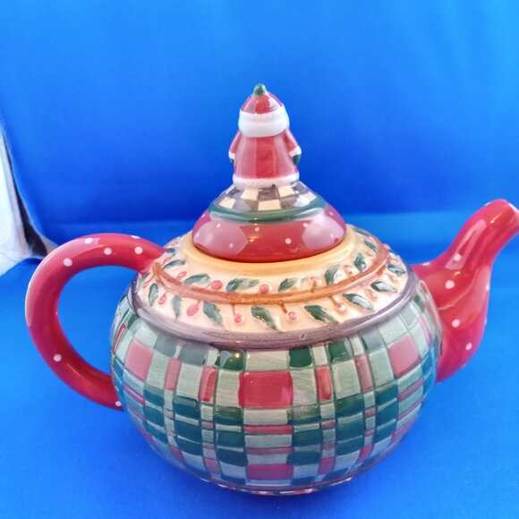 Sakura Debbie Mumm Small Teapot Holly and Plaid Santa Claus Lid Red Green - Picture 2 of 6